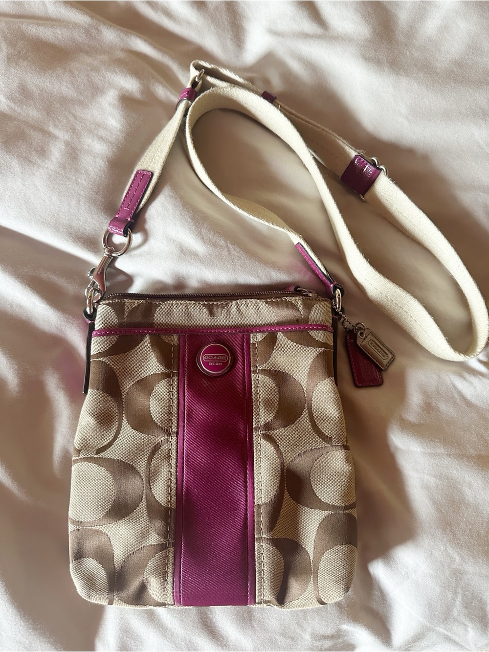 Coach Khaki Canvas Crossbody with Magenta Leather Trim